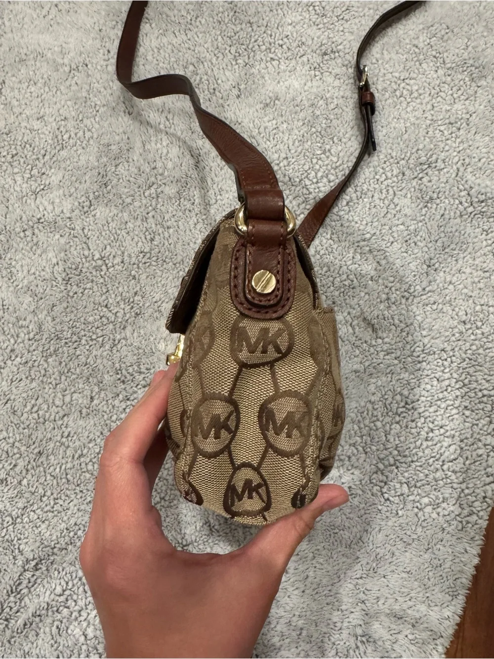 Michael Kors Beige and Brown Logo Crossbody with Gold Hardware
